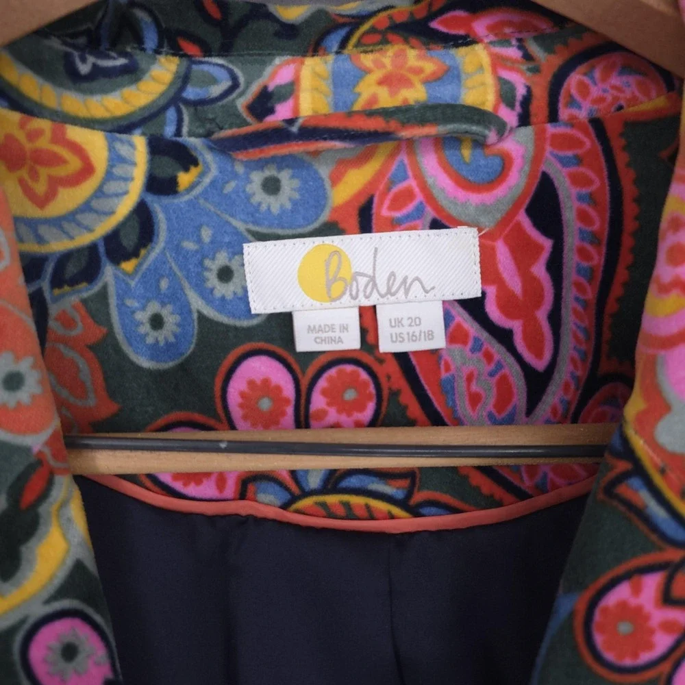 Boden Blazer Womens 16/18 Multicolor Velvet Paisley Floral Jacket Lined Boho